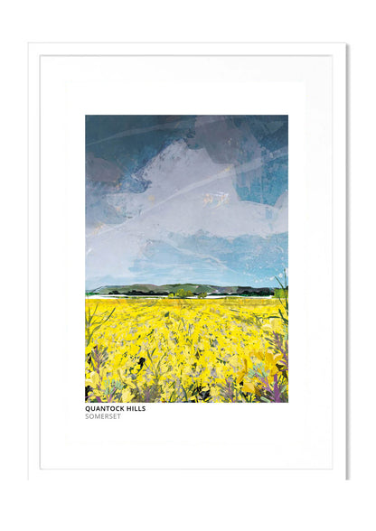 Quantock Hills art print by Vicki Shortt, a rapeseed field below the Quantock Hills in Somerset, in a white frame