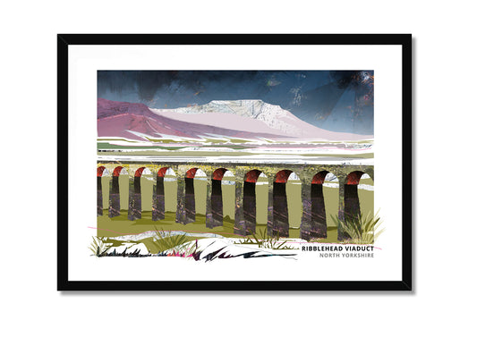 Ribblehead Viaduct art print by Vicki Shortt, the twenty-four stone arches crossing Batty Moss in the Yorkshire Dales, in a black frame