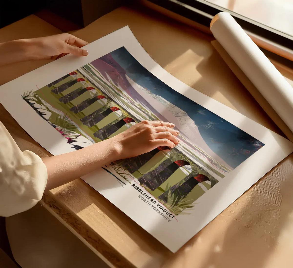 Ribblehead Viaduct art print by Vicki Shortt, the twenty-four stone arches crossing Batty Moss in the Yorkshire Dales, framed in a room setting
