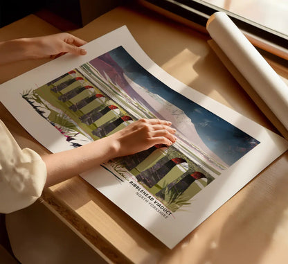 Ribblehead Viaduct art print by Vicki Shortt, the twenty-four stone arches crossing Batty Moss in the Yorkshire Dales, framed in a room setting