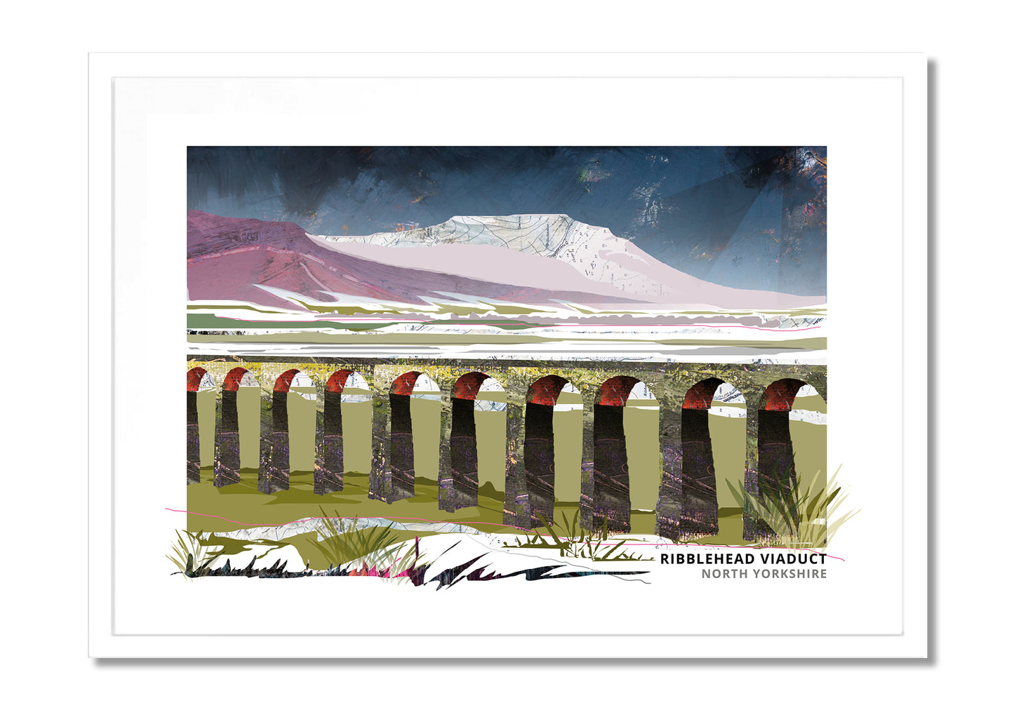 Ribblehead Viaduct art print by Vicki Shortt, the twenty-four stone arches crossing Batty Moss in the Yorkshire Dales, in a white frame