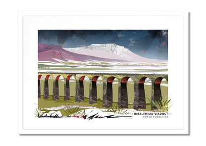 Ribblehead Viaduct art print by Vicki Shortt, the twenty-four stone arches crossing Batty Moss in the Yorkshire Dales, in a white frame