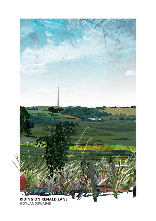 Riding on Renald Lane art print by Vicki Shortt, horse riding on Renald Lane at Hoylandswaine, South Yorkshire
