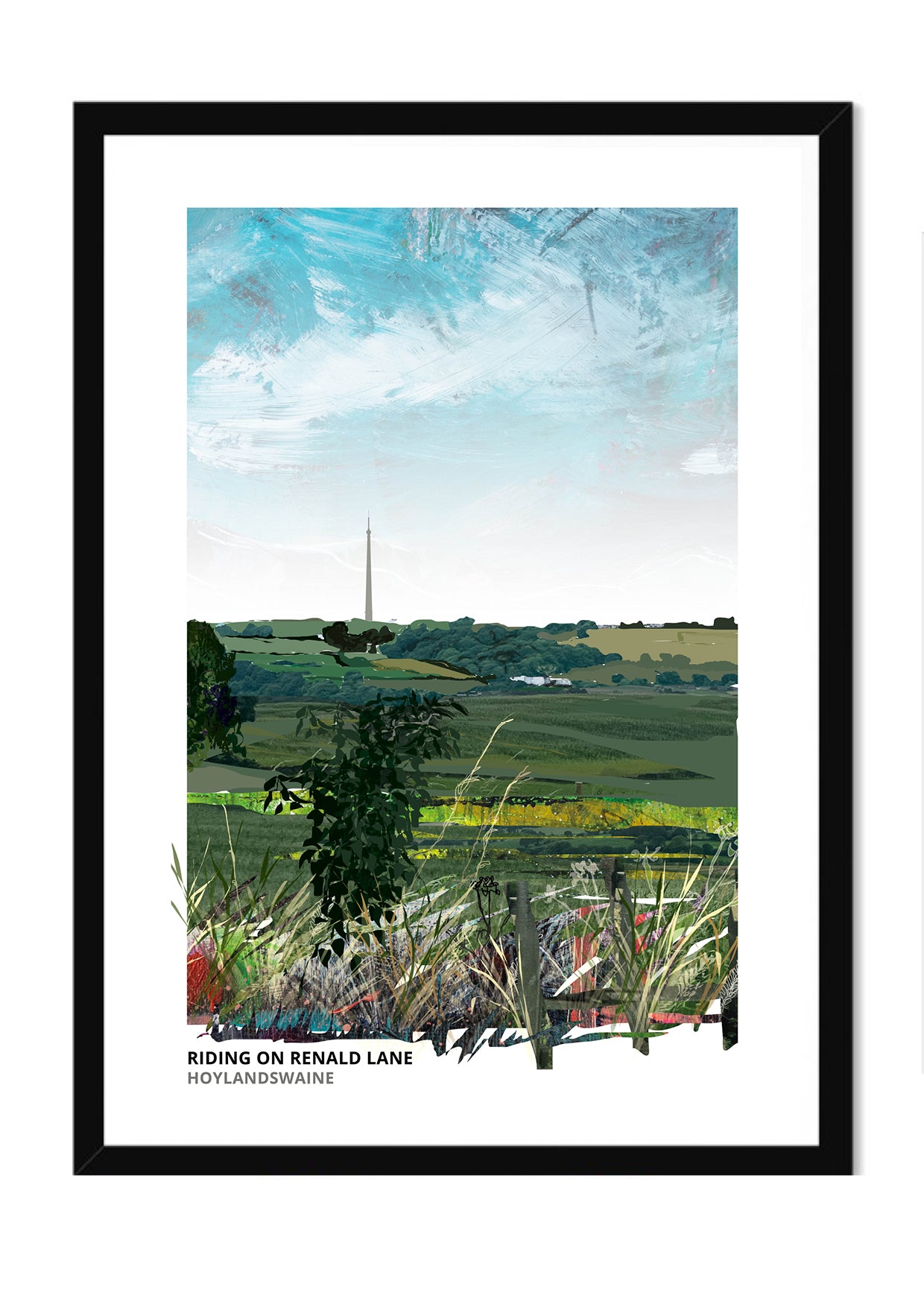 Riding on Renald Lane art print by Vicki Shortt, horse riding on Renald Lane at Hoylandswaine, South Yorkshire, in a black frame