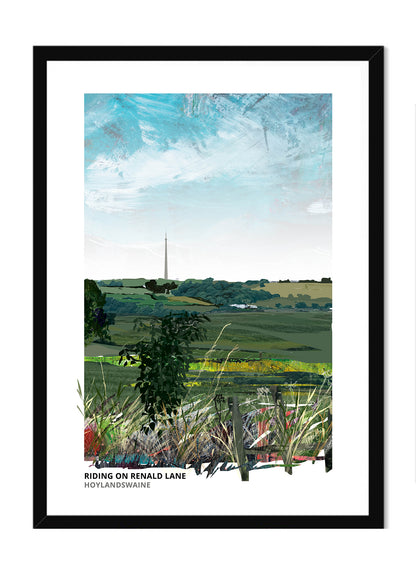 Riding on Renald Lane art print by Vicki Shortt, horse riding on Renald Lane at Hoylandswaine, South Yorkshire, in a black frame