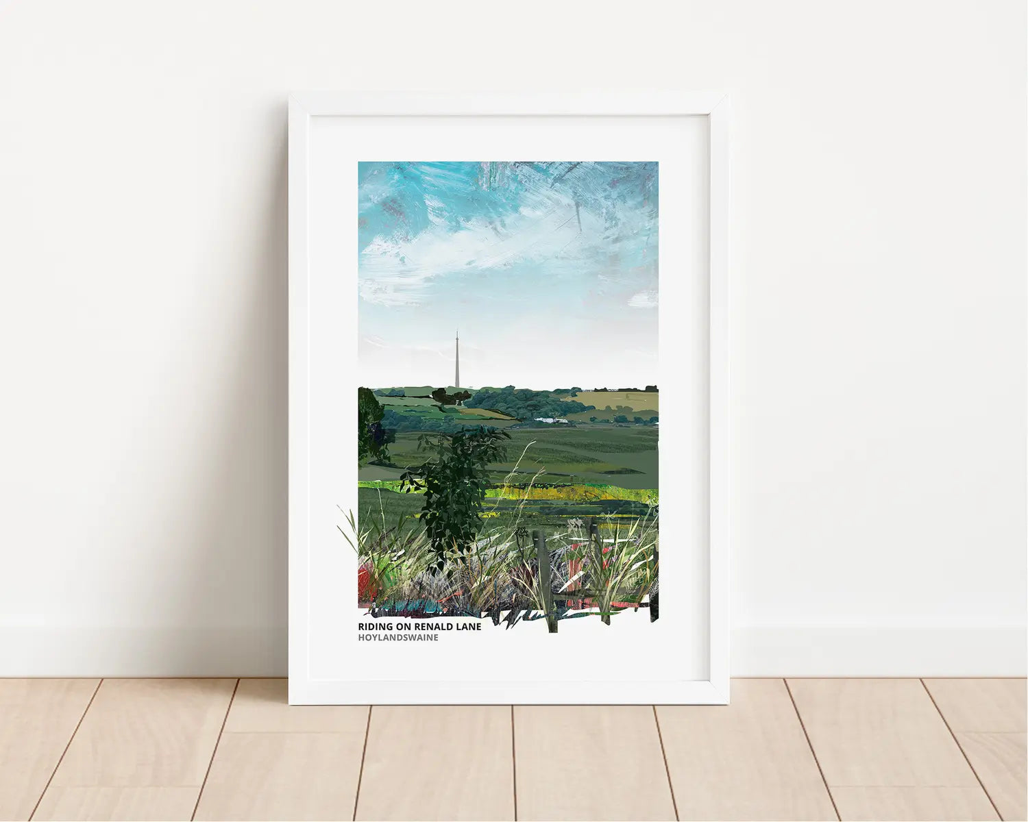 Riding on Renald Lane art print by Vicki Shortt, horse riding on Renald Lane at Hoylandswaine, South Yorkshire, framed in a room setting