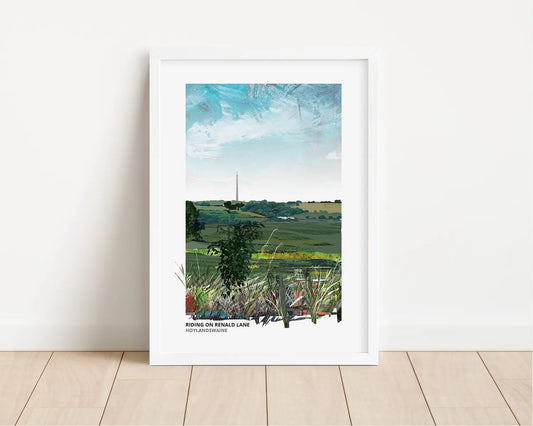 Riding on Renald Lane art print by Vicki Shortt, horse riding on Renald Lane at Hoylandswaine, South Yorkshire, framed in a room setting