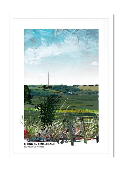 Riding on Renald Lane art print by Vicki Shortt, horse riding on Renald Lane at Hoylandswaine, South Yorkshire, in a white frame