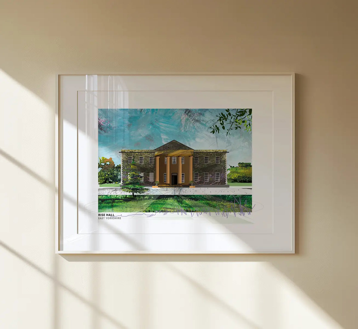 Rise Hall art print by Vicki Shortt, the Georgian country house at Rise, East Yorkshire, framed in a room setting