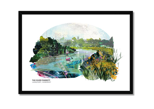 River Parrett Langport art print by Vicki Shortt, the river winding through the Somerset Levels, in a black frame