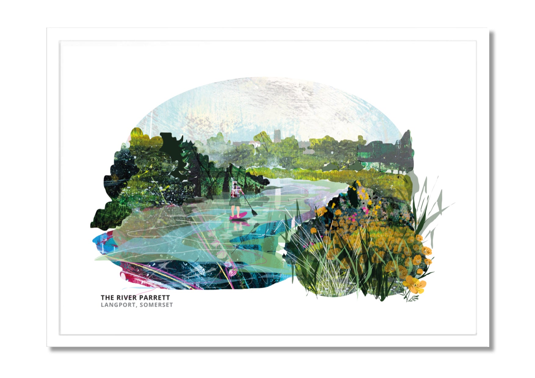 River Parrett Langport art print by Vicki Shortt, the river winding through the Somerset Levels, in a white frame