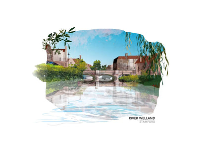 River Welland art print by Vicki Shortt, the river flowing through Stamford against the town's limestone buildings, Lincolnshire