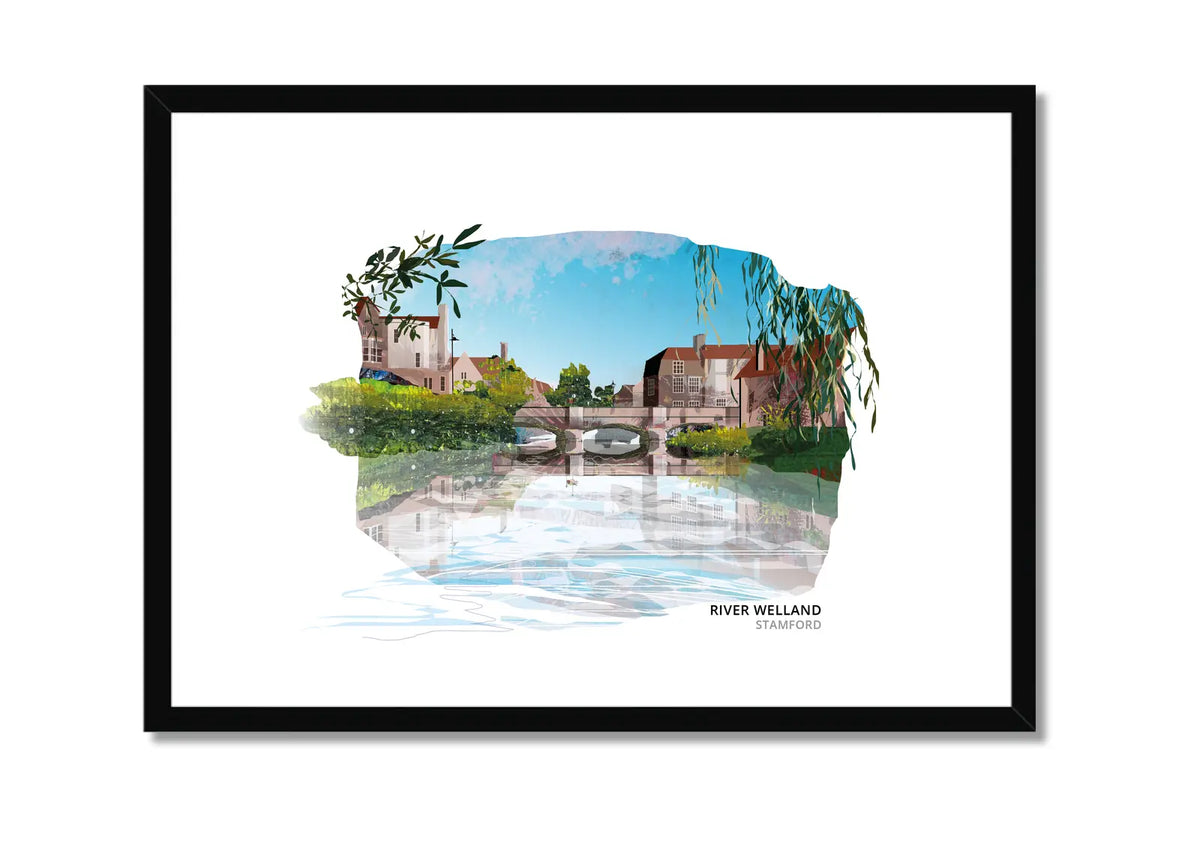 River Welland art print by Vicki Shortt, the river flowing through Stamford against the town's limestone buildings, Lincolnshire, in a black frame