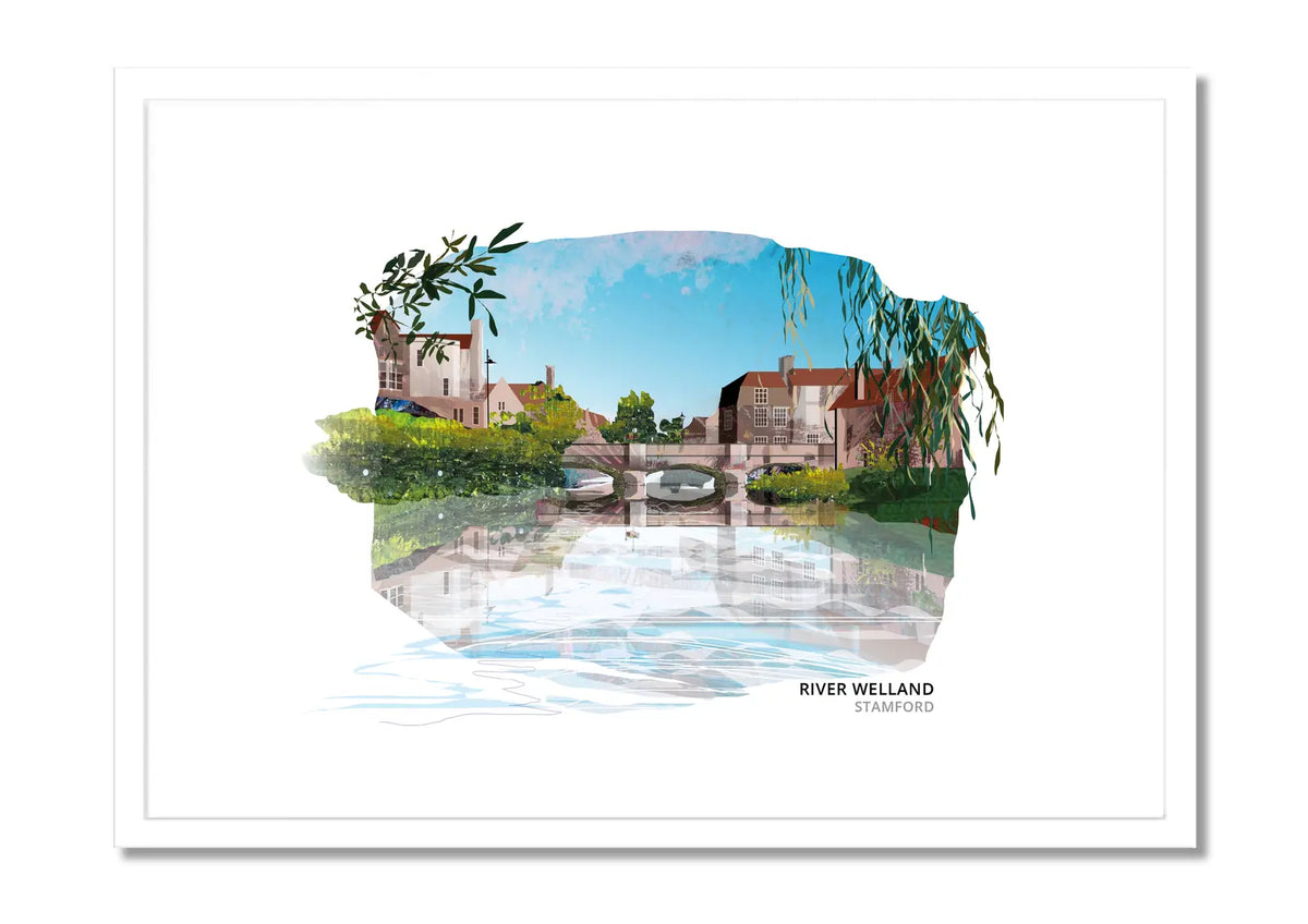 River Welland art print by Vicki Shortt, the river flowing through Stamford against the town's limestone buildings, Lincolnshire, in a white frame