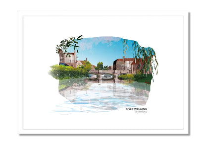 River Welland art print by Vicki Shortt, the river flowing through Stamford against the town's limestone buildings, Lincolnshire, in a white frame