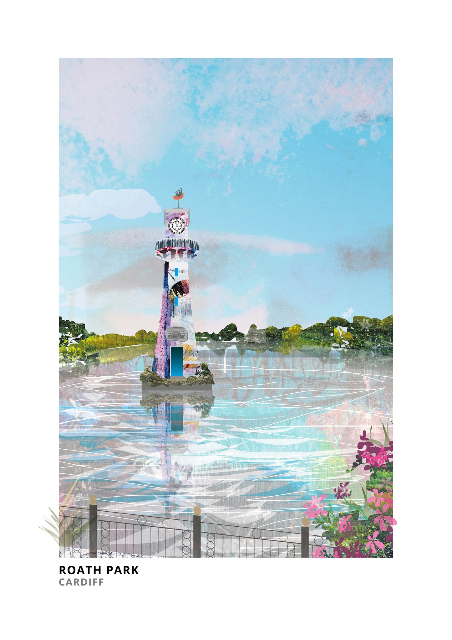 Roath Park art print by Vicki Shortt, the lake and Scott memorial lighthouse at Roath Park, Cardiff