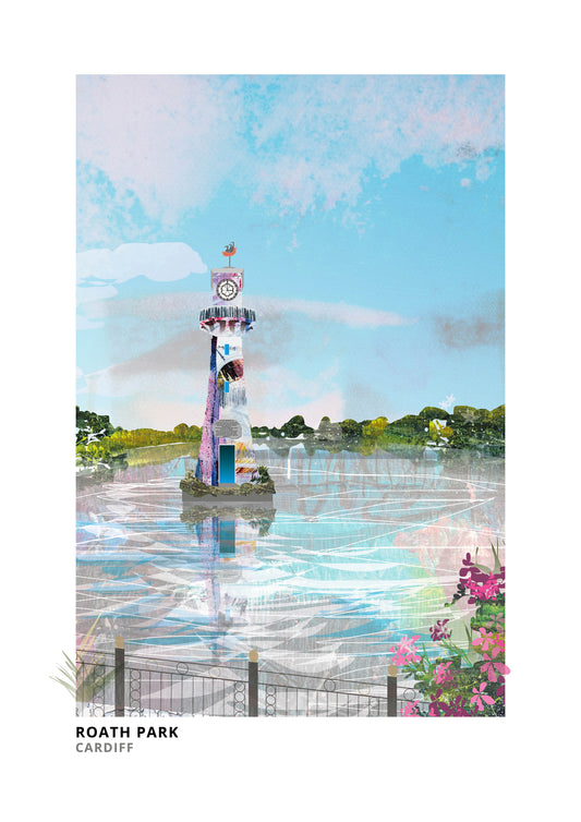 Roath Park art print by Vicki Shortt, the lake and Scott memorial lighthouse at Roath Park, Cardiff