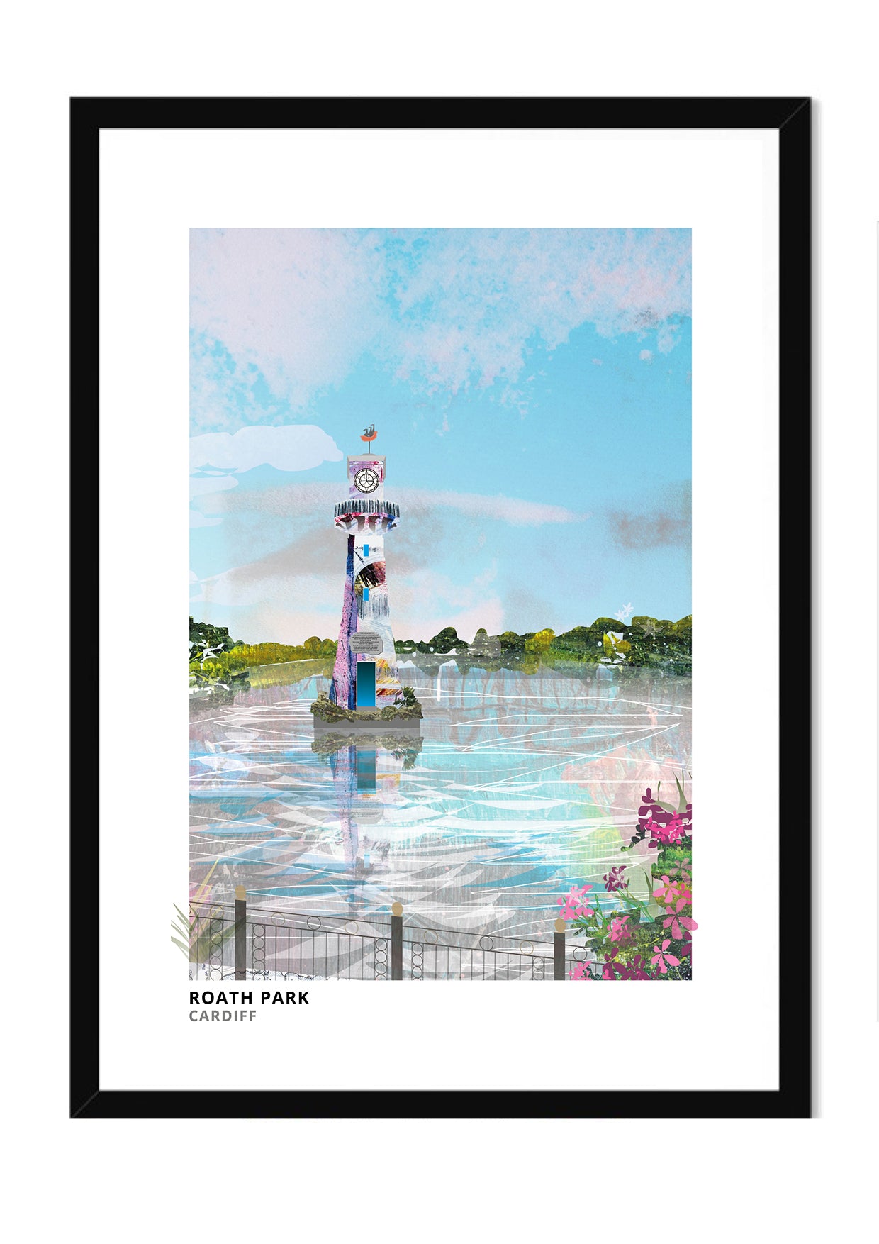 Roath Park art print by Vicki Shortt, the lake and Scott memorial lighthouse at Roath Park, Cardiff, in a black frame