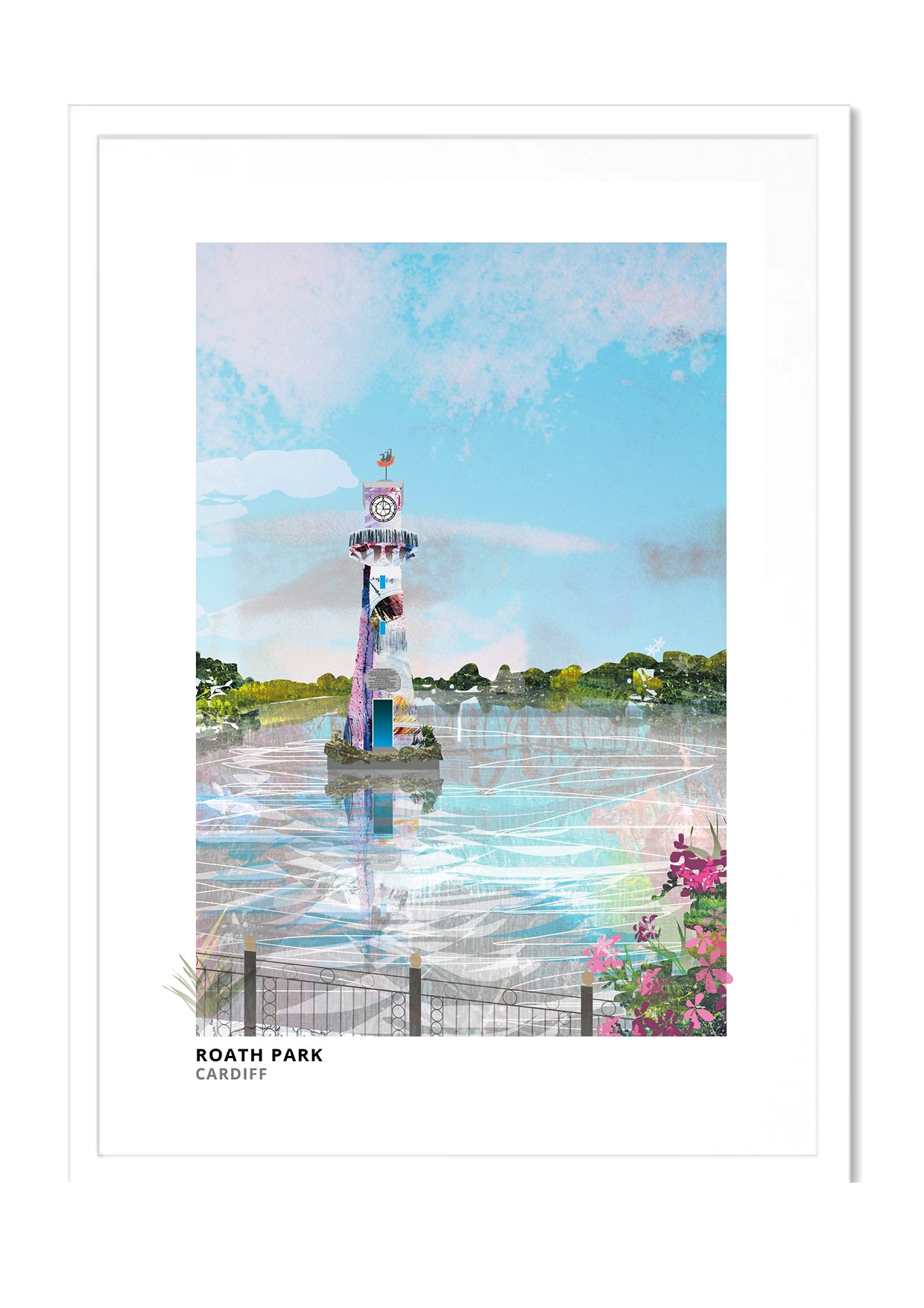 Roath Park art print by Vicki Shortt, the lake and Scott memorial lighthouse at Roath Park, Cardiff, in a white frame