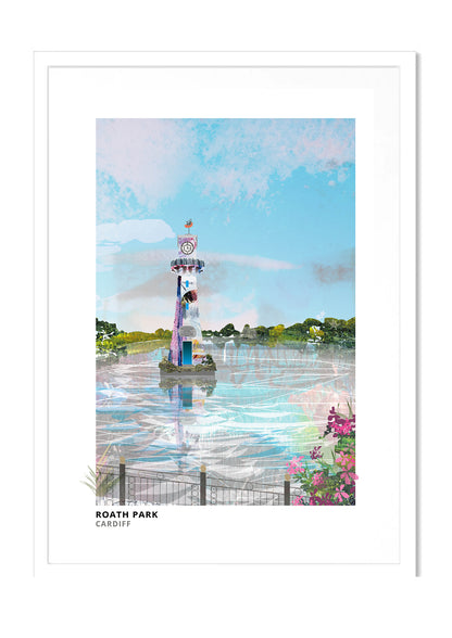 Roath Park art print by Vicki Shortt, the lake and Scott memorial lighthouse at Roath Park, Cardiff, in a white frame