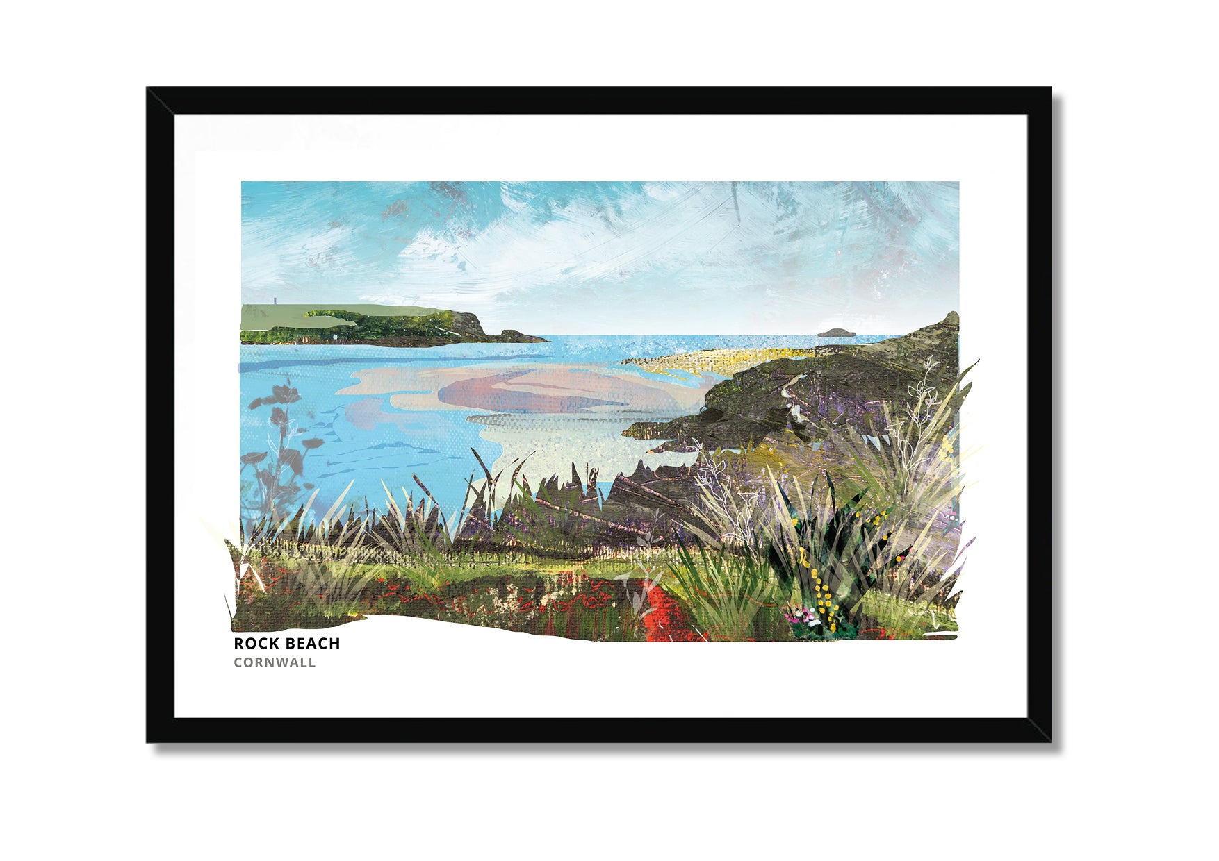 Rock Beach art print by Vicki Shortt, the beach on the Camel Estuary in Cornwall, in a black frame