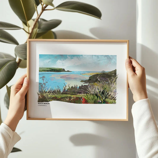 Rock Beach art print by Vicki Shortt, the beach on the Camel Estuary in Cornwall, framed in a room setting
