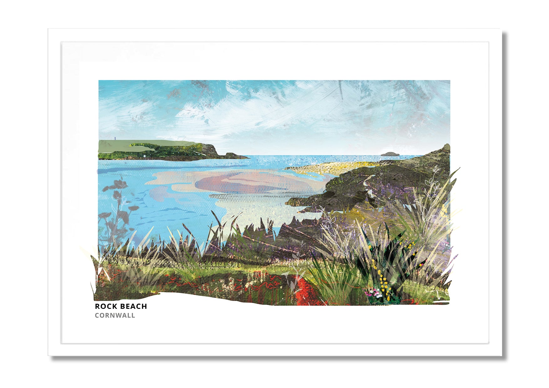 Rock Beach art print by Vicki Shortt, the beach on the Camel Estuary in Cornwall, in a white frame