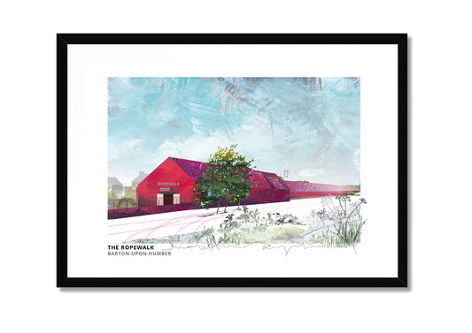 Ropewalk Gallery art print by Vicki Shortt, the long former rope works, now a gallery, at Barton-upon-Humber, in a black frame