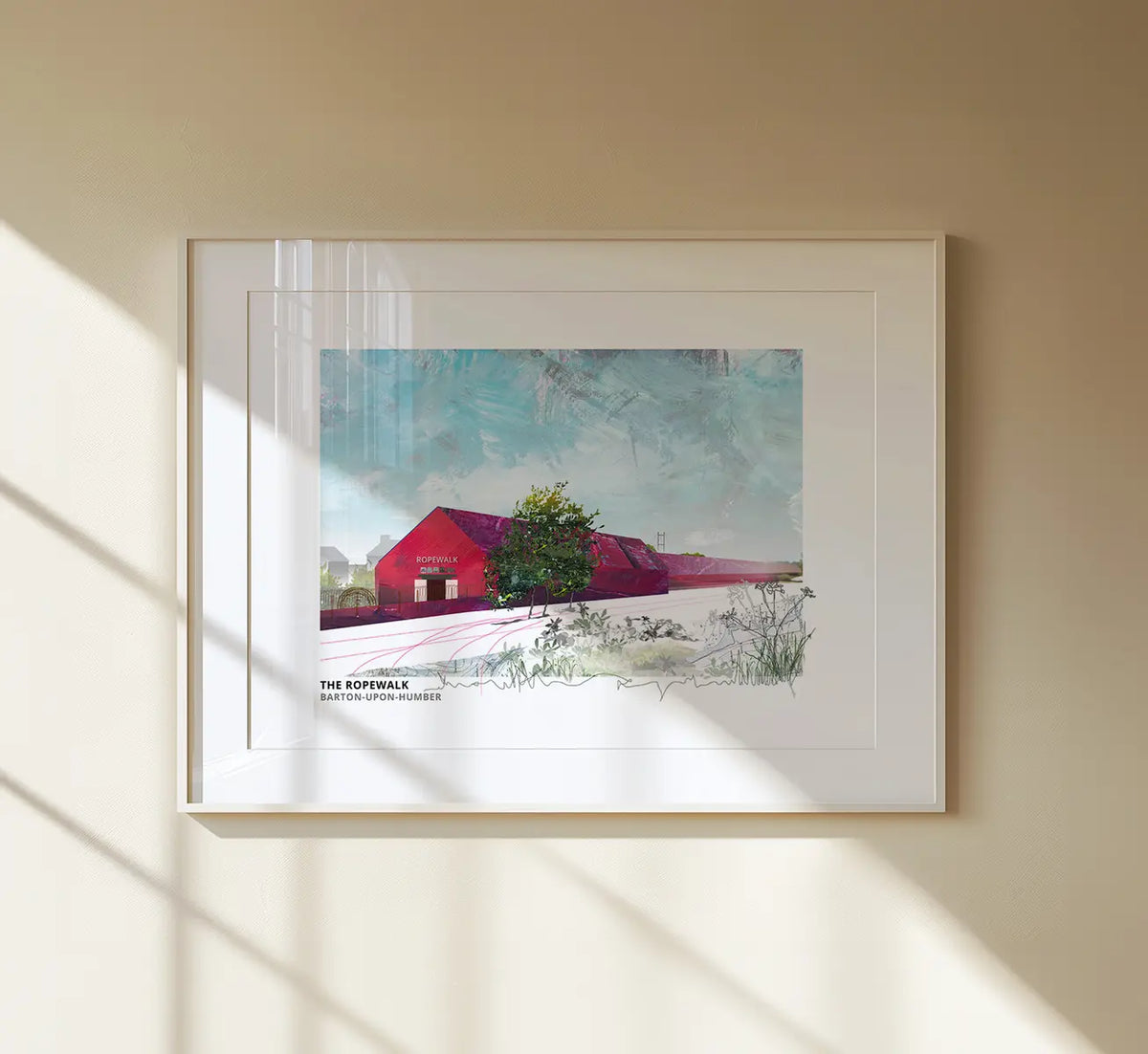 Ropewalk Gallery art print by Vicki Shortt, the long former rope works, now a gallery, at Barton-upon-Humber, framed in a room setting