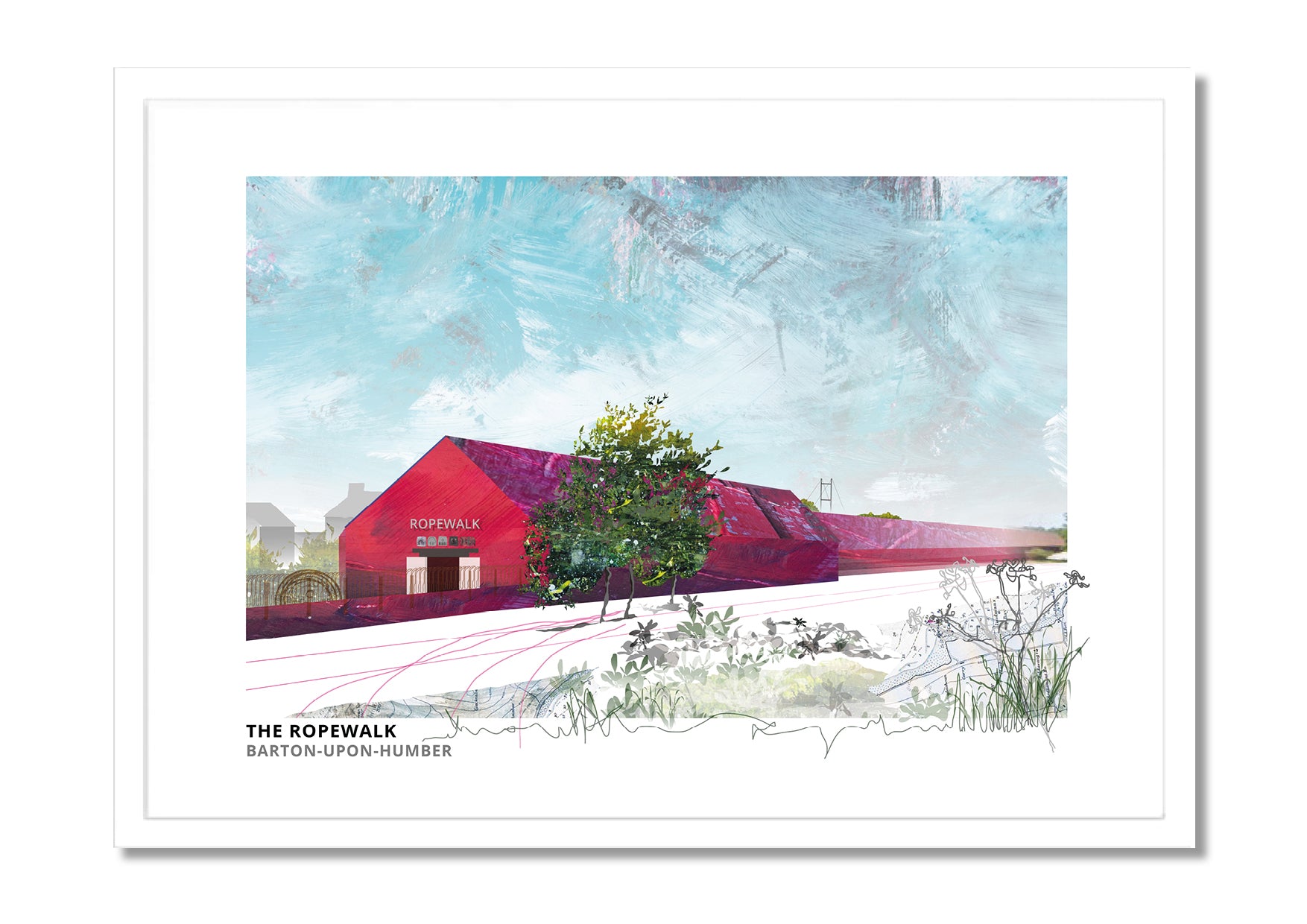 Ropewalk Gallery art print by Vicki Shortt, the long former rope works, now a gallery, at Barton-upon-Humber, in a white frame