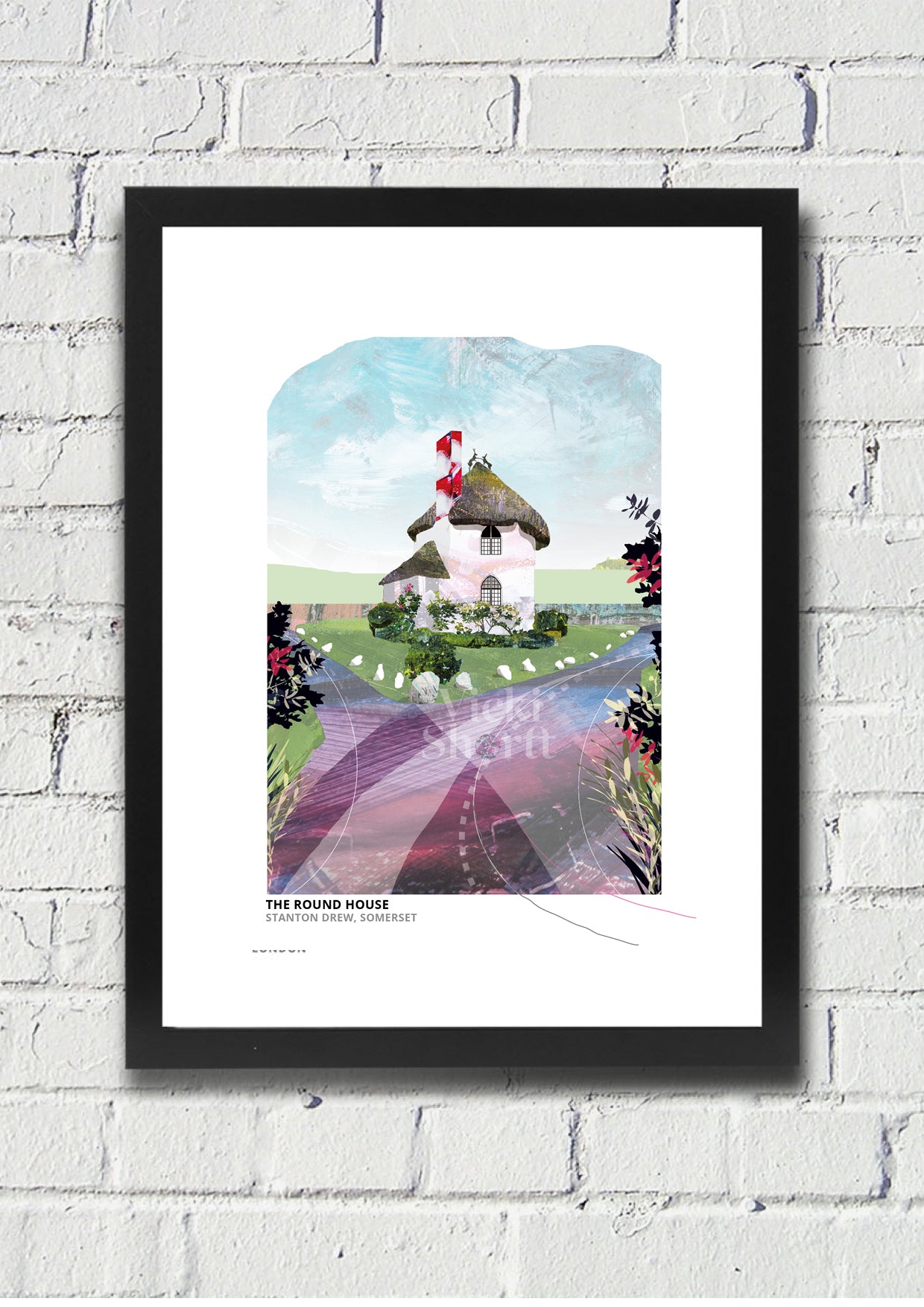 Round House art print by Vicki Shortt, the round house beside the stone circles at Stanton Drew, Somerset, in a black frame