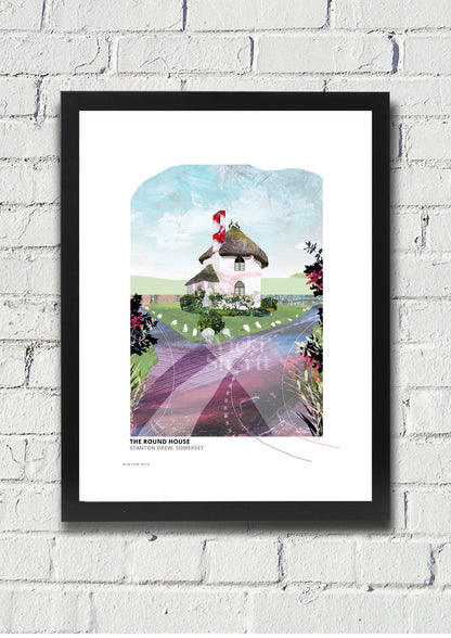 Round House art print by Vicki Shortt, the round house beside the stone circles at Stanton Drew, Somerset, in a black frame