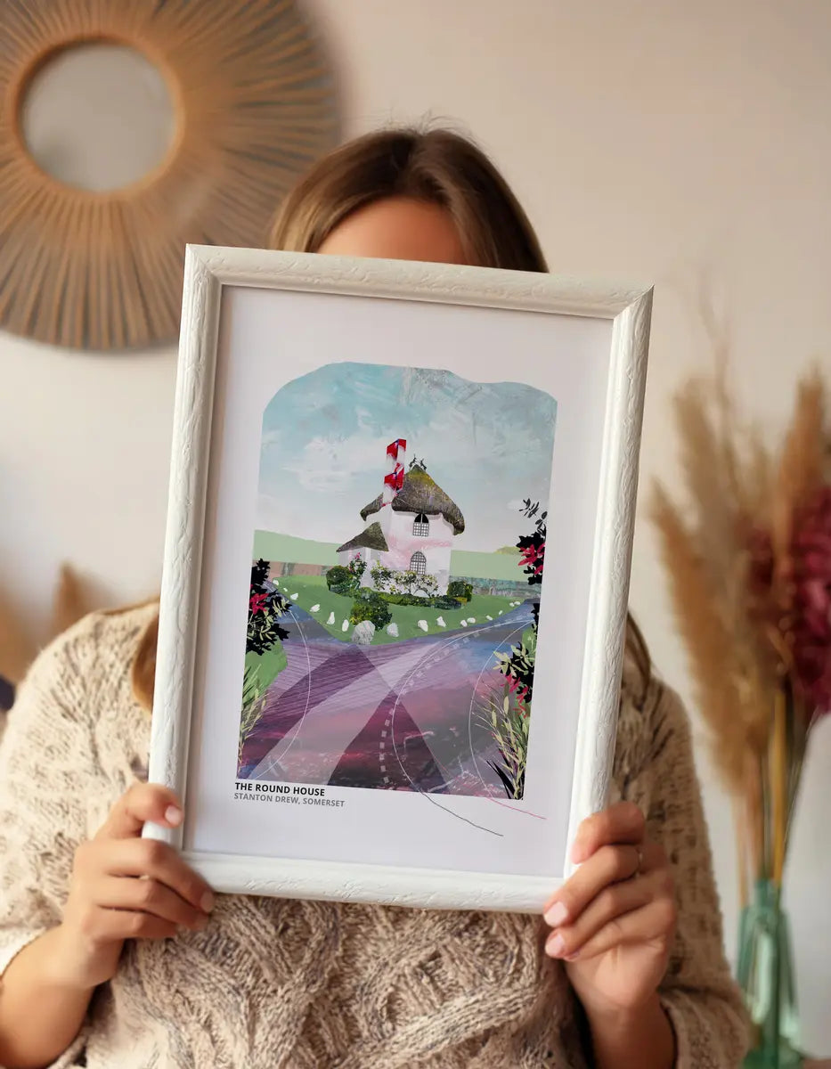 Round House art print by Vicki Shortt, the round house beside the stone circles at Stanton Drew, Somerset, framed in a room setting