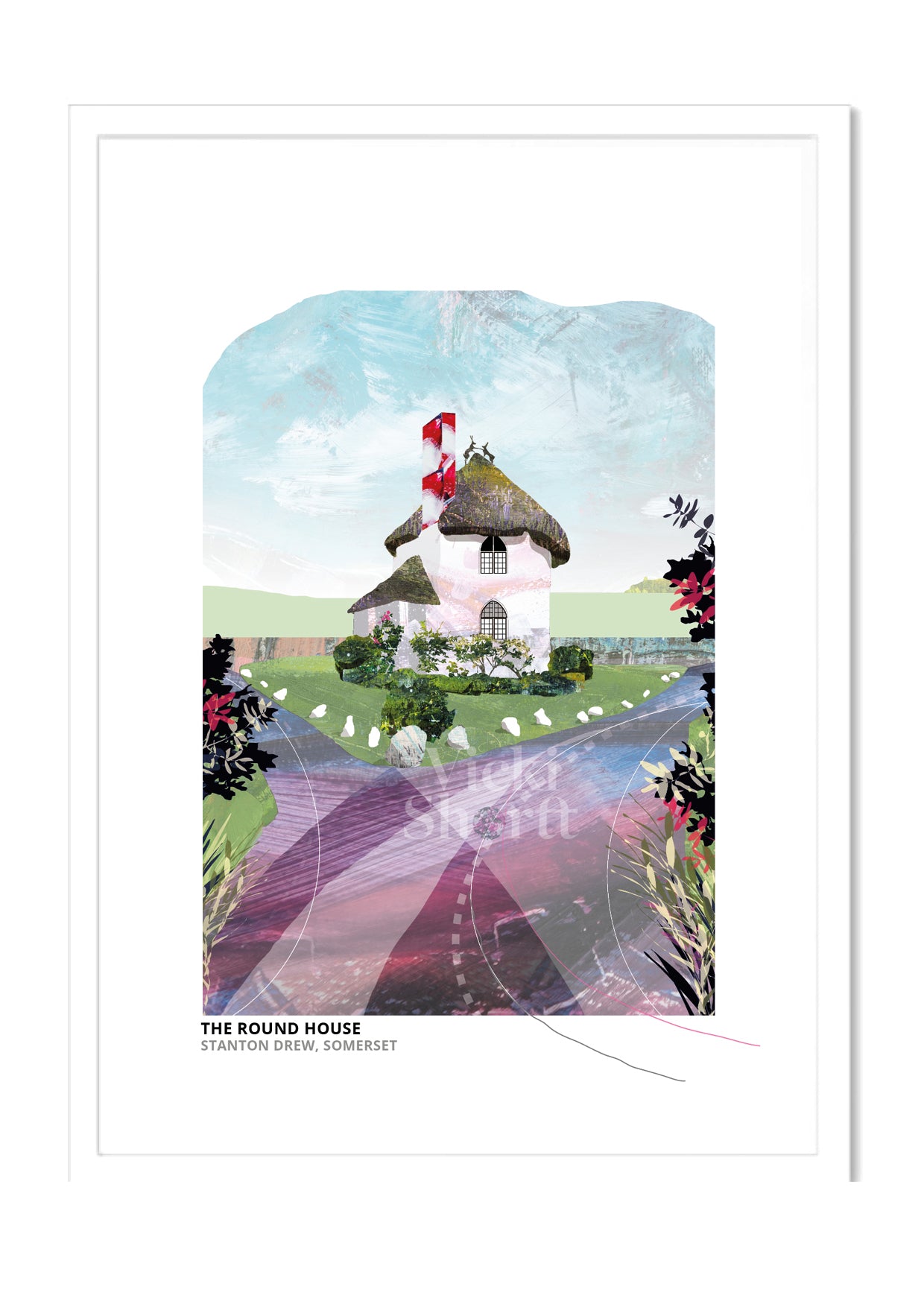 Round House art print by Vicki Shortt, the round house beside the stone circles at Stanton Drew, Somerset, in a white frame