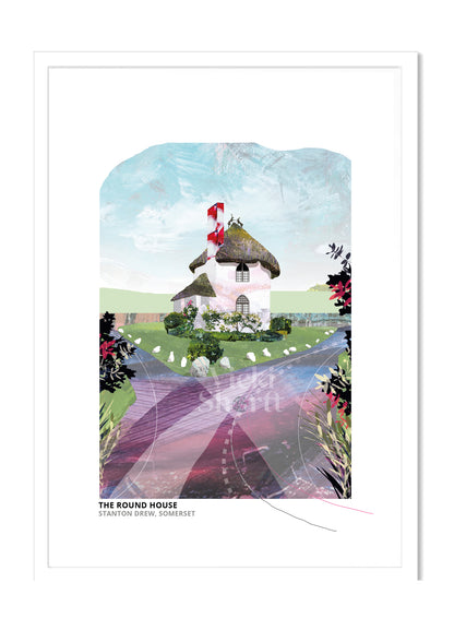 Round House art print by Vicki Shortt, the round house beside the stone circles at Stanton Drew, Somerset, in a white frame
