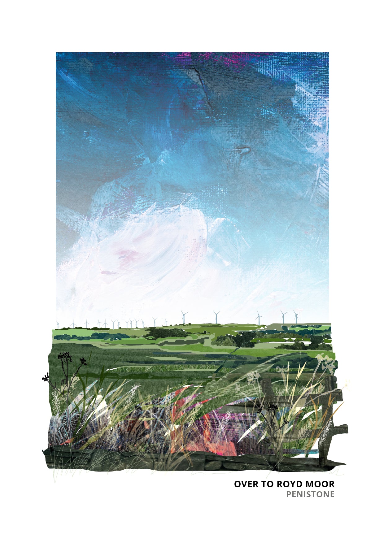 Royd Moor Penistone art print by Vicki Shortt, the view over to Royd Moor and its wind turbines near Penistone
