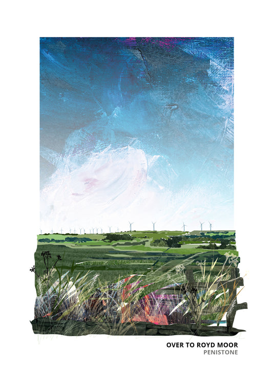 Royd Moor Penistone art print by Vicki Shortt, the view over to Royd Moor and its wind turbines near Penistone
