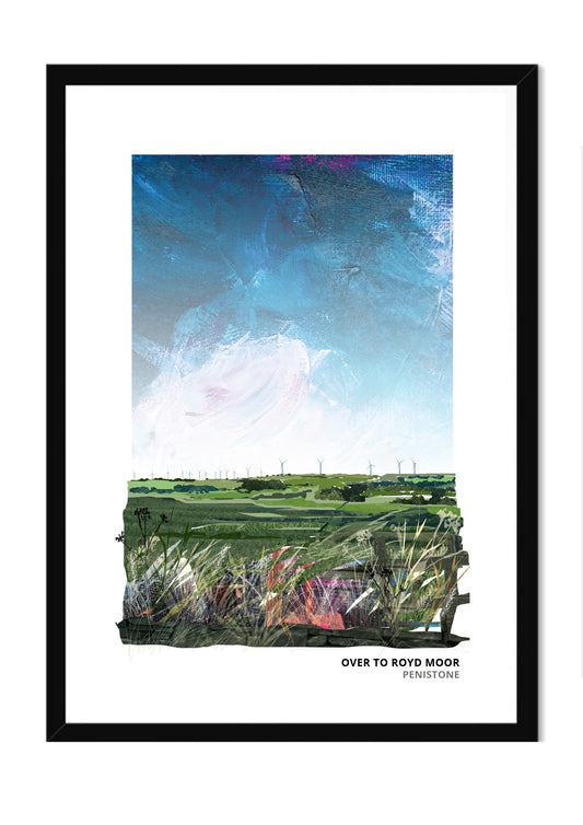 Royd Moor Penistone art print by Vicki Shortt, the view over to Royd Moor and its wind turbines near Penistone, in a black frame