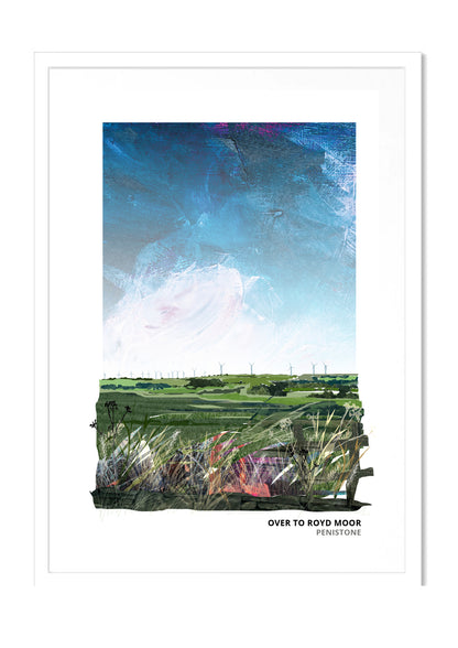Royd Moor Penistone art print by Vicki Shortt, the view over to Royd Moor and its wind turbines near Penistone, in a white frame