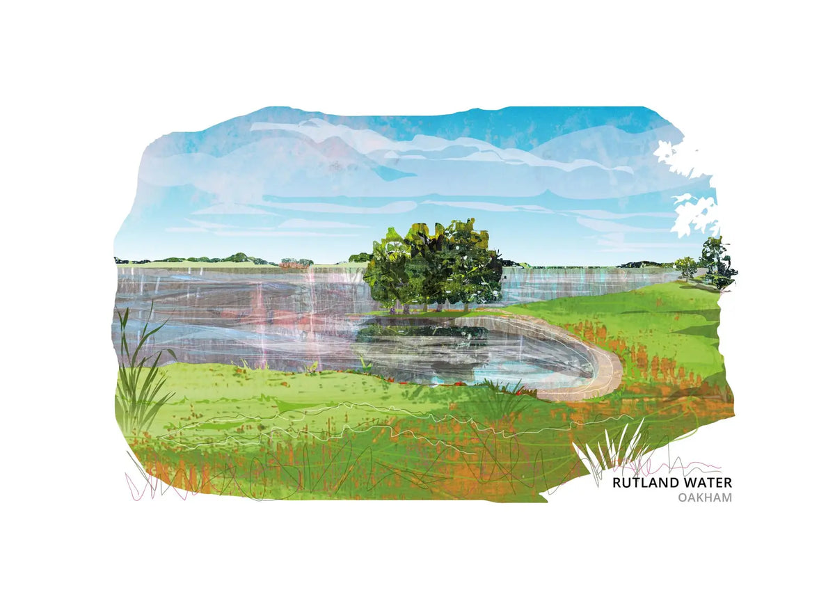 Rutland Water art print by Vicki Shortt, the wide skies and open shoreline of the reservoir in Rutland
