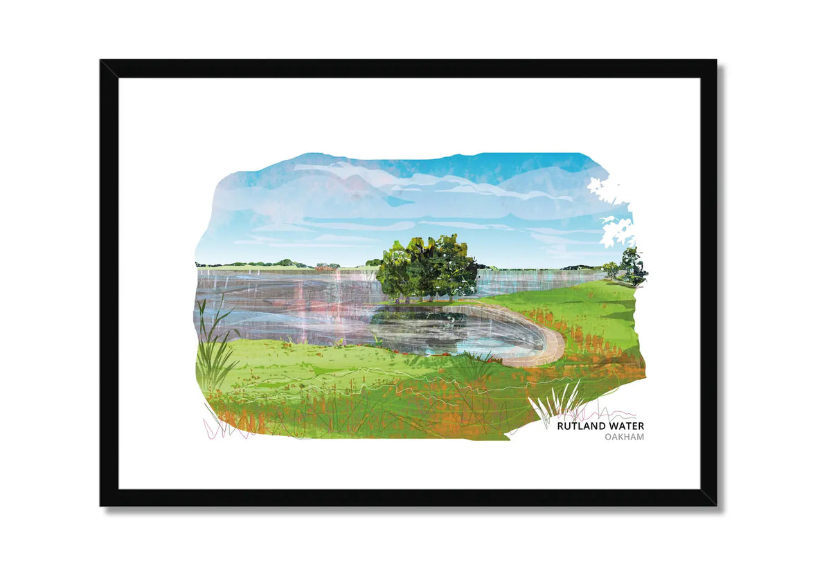 Rutland Water art print by Vicki Shortt, the wide skies and open shoreline of the reservoir in Rutland, in a black frame