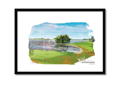 Rutland Water art print by Vicki Shortt, the wide skies and open shoreline of the reservoir in Rutland, in a black frame