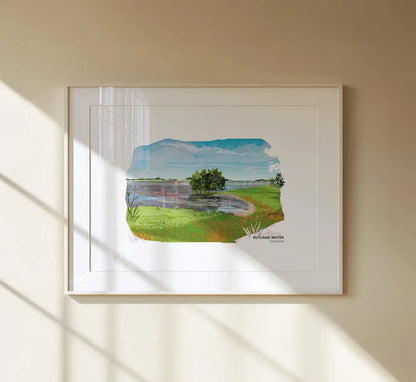 Rutland Water art print by Vicki Shortt, the wide skies and open shoreline of the reservoir in Rutland, framed in a room setting