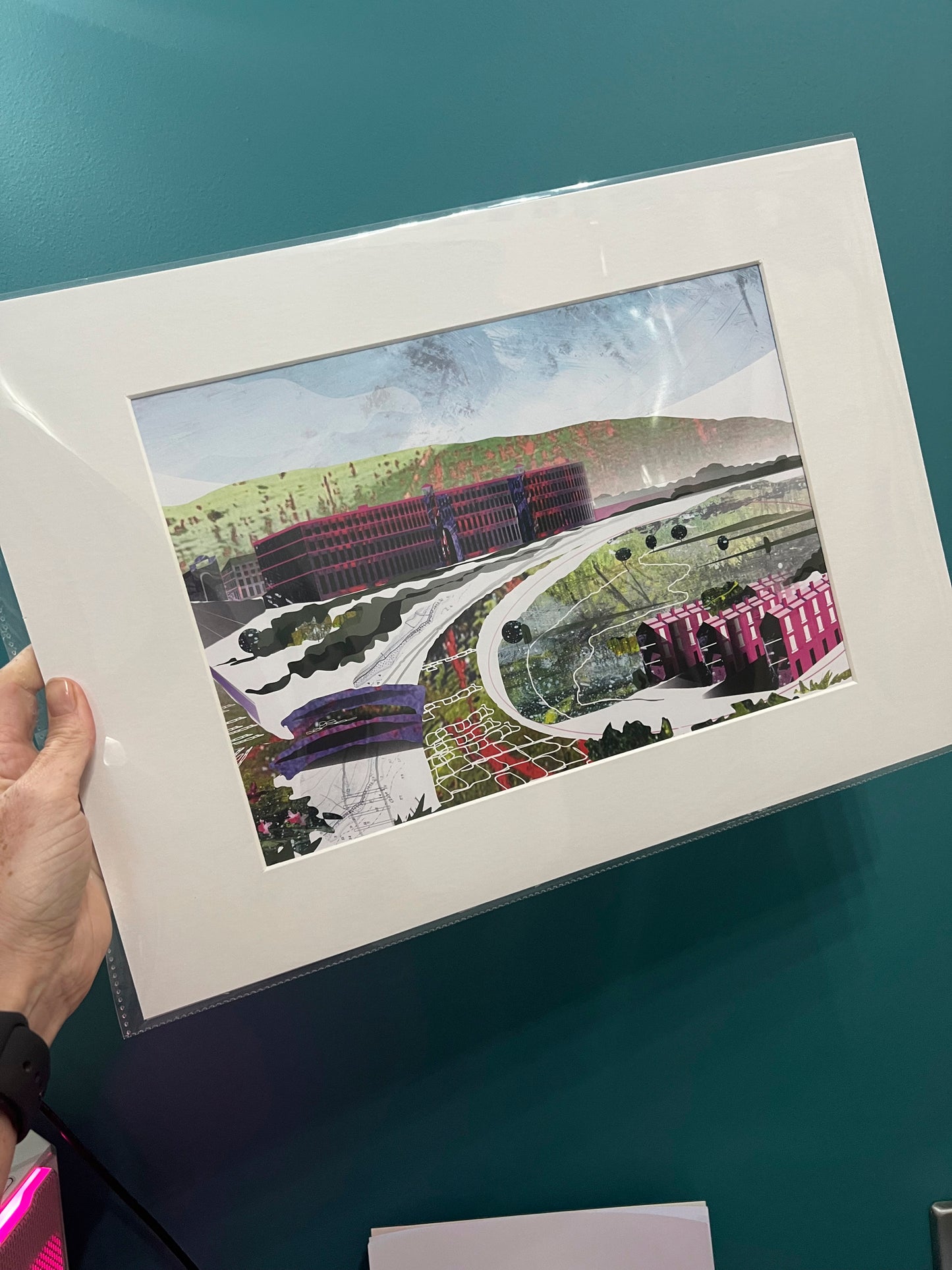 Salts Mill art print by Vicki Shortt, the Victorian mill at Saltaire, West Yorkshire, shown mounted