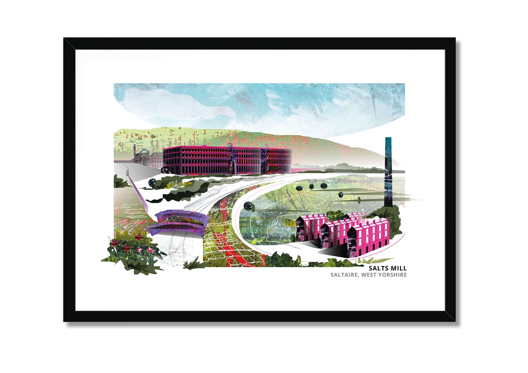 Salts Mill art print by Vicki Shortt, the Victorian mill at Saltaire, West Yorkshire, in a black frame