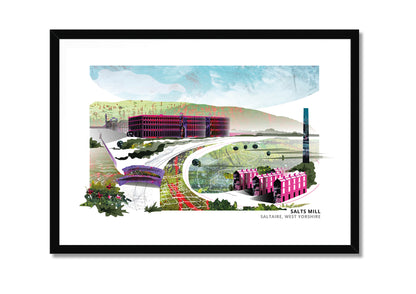 Salts Mill art print by Vicki Shortt, the Victorian mill at Saltaire, West Yorkshire, in a black frame