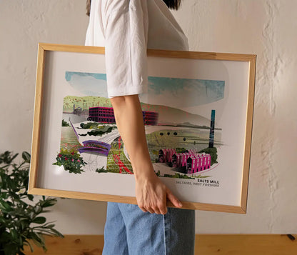 Salts Mill art print by Vicki Shortt, the Victorian mill at Saltaire, West Yorkshire, framed in a room setting