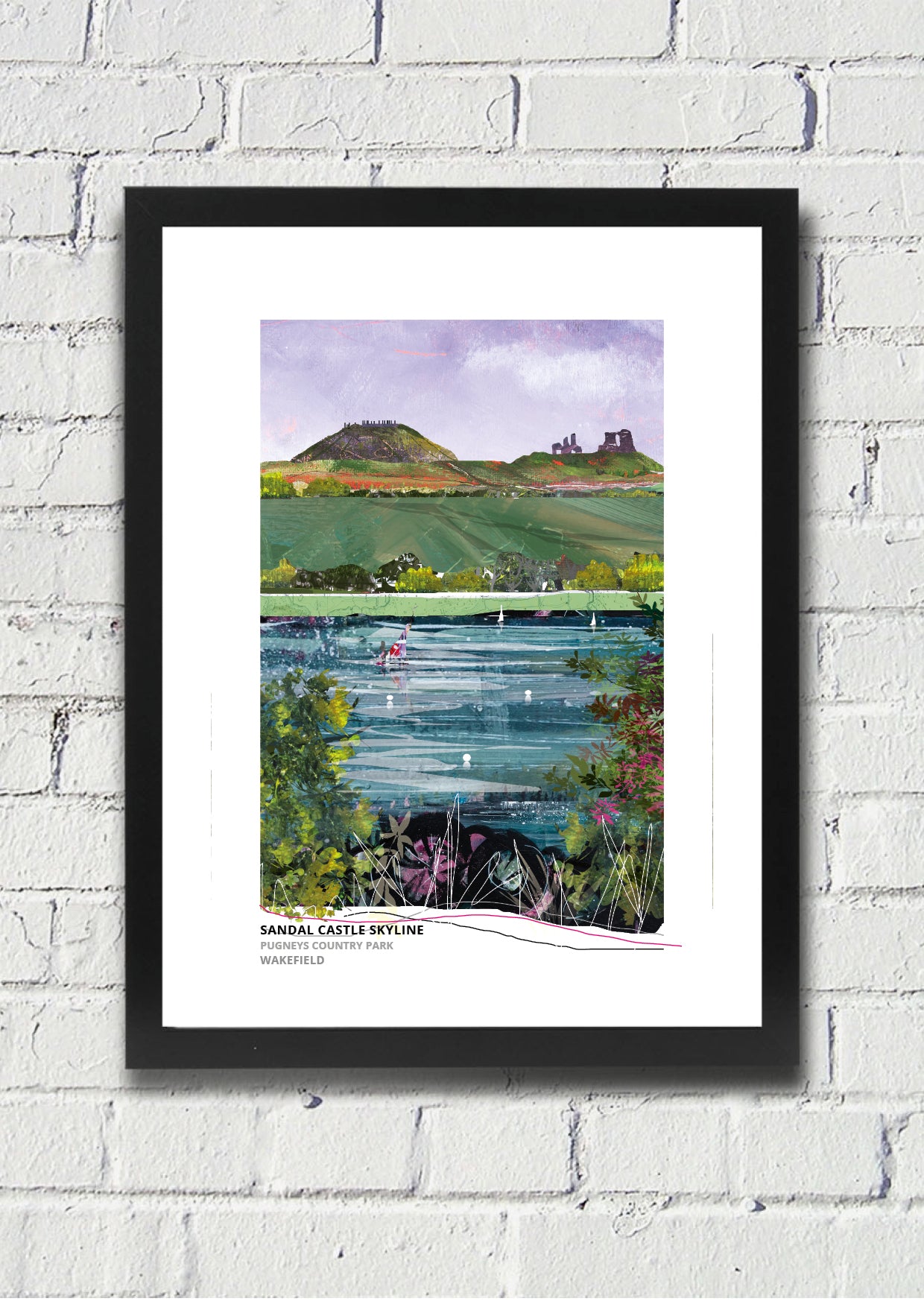 Sandal Castle Skyline art print by Vicki Shortt, the castle ruins on their mound above Wakefield, in a black frame