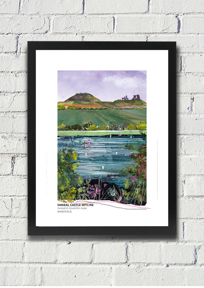 Sandal Castle Skyline art print by Vicki Shortt, the castle ruins on their mound above Wakefield, in a black frame