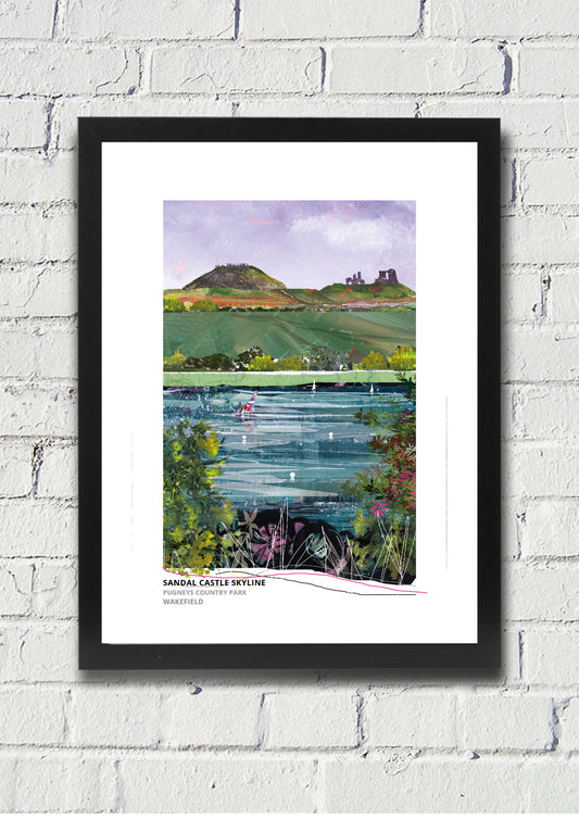 Sandal Castle Skyline art print by Vicki Shortt, the castle ruins on their mound above Wakefield, in a black frame